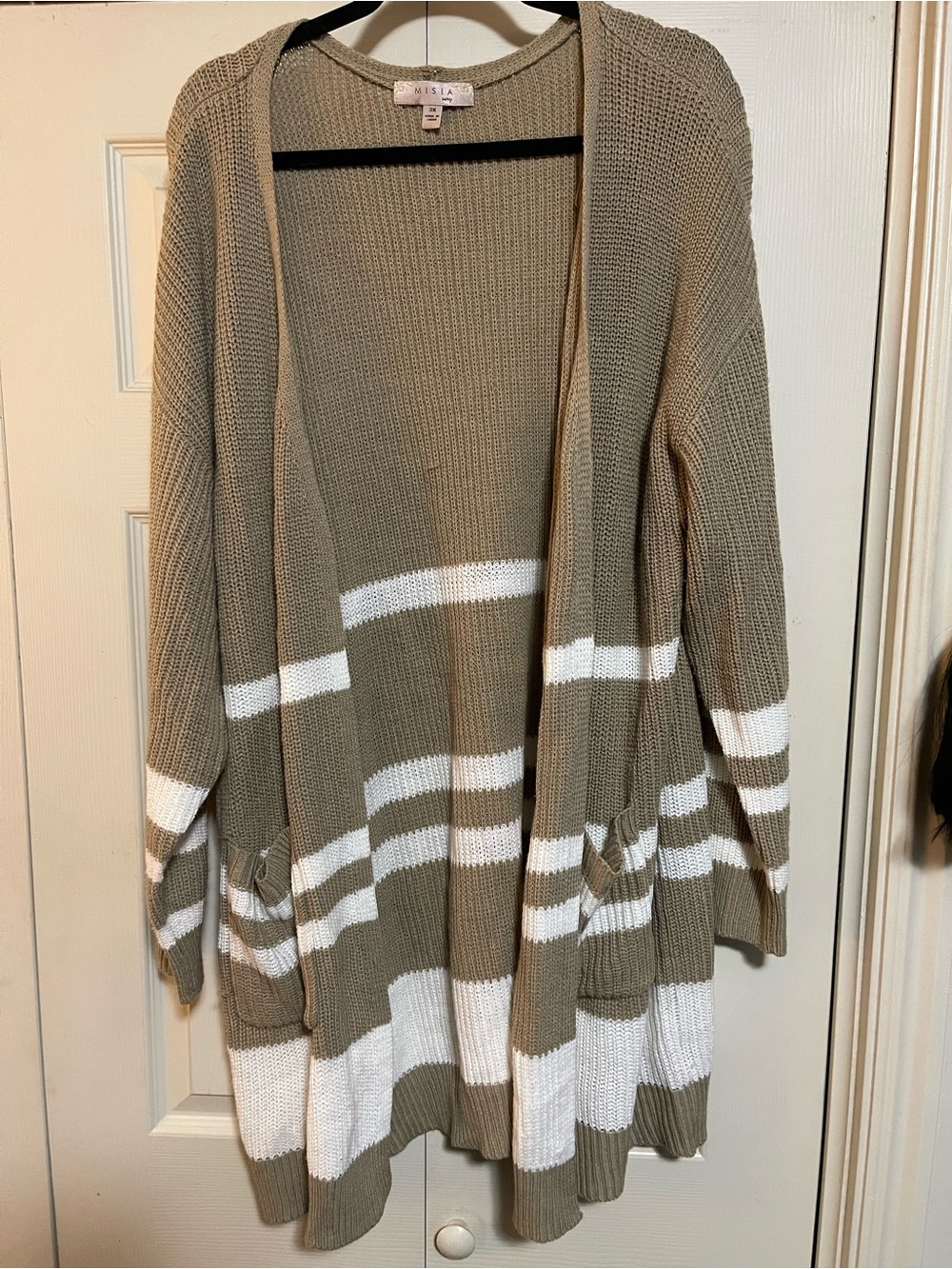 MISIA Taupe and White Striped Open-Front Cardigan